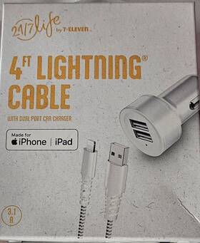 24/7 Life 052548677497 4 Inch Lightening To Usb Br. Mesh Charging Cable With Dual Port Car Charger