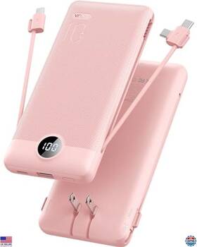 B0bzc1hc3y 3m Portable 10000mah Power Bank With Built-in Cables And Ac Plug - Pink