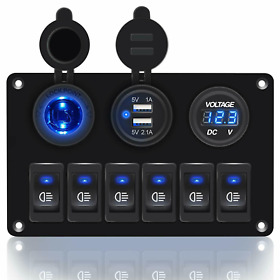 6 Gang Blue Rocker Switch Panel Circuit Breaker Led Car Marine Boat