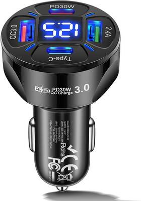 Bk358-2a2c-sx Alanph Multi Port Usb C Car Phone Charger Adapter With Voltmeter 4 In 1 100w Black