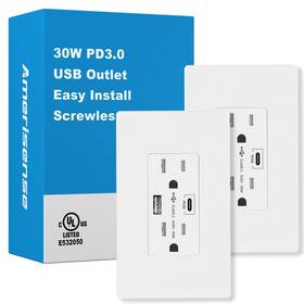 15a30w1a1cpd-2 Amerisense 30w Pd3.0 Usb Outlets 15 Amp Tamper-resistant Receptacle Wall Outlet With Ty