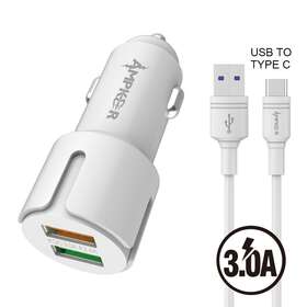 Lt5-wt Ampker 2.4a Car Adapter 2 Usb Ports Cable 5 Ft For Type C Whit