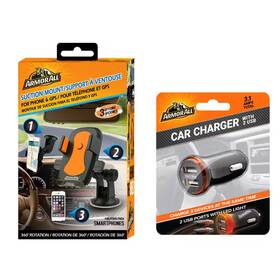 Armor All 445009662690 Car Phone Mount Bundle Adjustable Suction And Charger Adapter 3.1 Amp