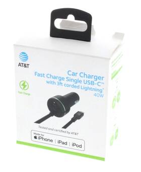 At&t 738516552828 Car Charger Fast Charge Mfi-certified 40w Usb-c Port With 3ft 8 Pin Connector