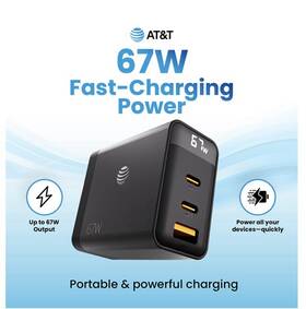 At&t 849944095259 67w Gan Wall Charger- Fast Charge Three Ports 2 Usb-c And 1 Usb-a Black