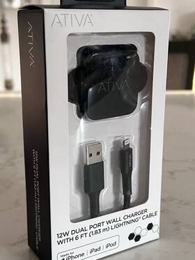 9054031 Ativa 12w Dual Port Wall Charger Black With 6 Ft Tangle-resistant Cable