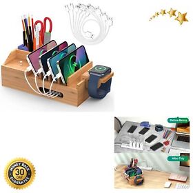 Bamboo Charging Station For Multiple Devices Office Desktop Organizer Phones