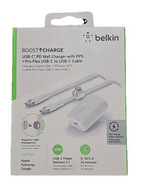 Belkin 745883843961 Boost Charge 30w Pd Wall Charger With Pps Pro Flex Usb-c/c Cable - White