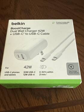Belkin 745883868018 42w Dual Wall Charger With Usb-c To Cable-white
