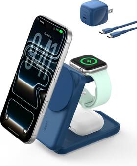 Bbb007-bk Belkin Magsafe Charger Compatible 3-in-1 Qi2 15w Wireless Charging Station Blue