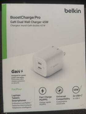 Wch013dqwh Belkin Boostcharge Pro 2x Usb-c Gan 65w Wall Charger Power Pps White
