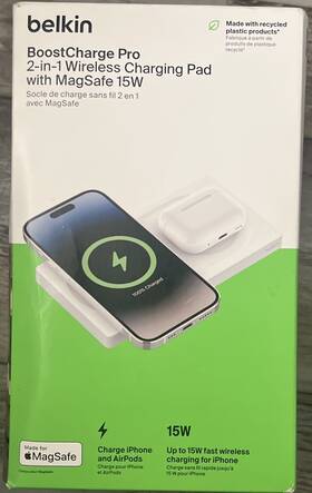 Wiz019ttwh Belkin 2-in-1 Wireless Charging Pad With Magsafe 15w White - New Sealed