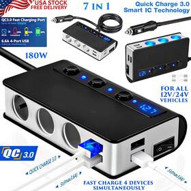 Cc0411jp Branded 7 In 1 Car Power Splitter 180w Usb Fast Charger 4 Ports For 12v/24v Vehicles