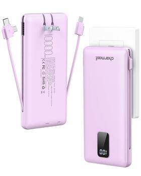 Charmast 973369742413 Portable Charger With Built-in Cables And Wall Plug 10000mah Power Ba