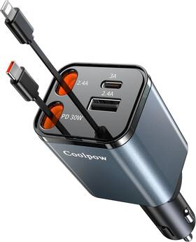 Pt-41 Coolpow Retractable Car Charger Adapter 4 In 1 Fast Charging Gray