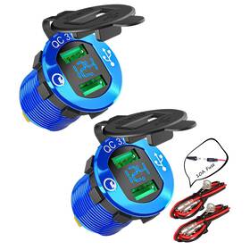 Daiertek 782429688853 2pcs Car 12v Usb Charger Socket 2 Port Qc 3.0 With Blue Led Voltmeter Waterproof