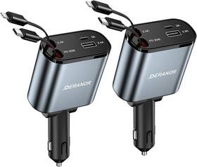 Dr-recc01 Deranor 2 Pack Retractable Car Charger 4 In 1 Fast Phone 69w Type C