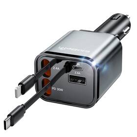 Pt-16-1 Elobeth Retractable Car Charger Adapter For Iphone 17 4 In 1 Fast Charging Gray