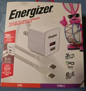 Energizer 847181048465 Charger With Cord. Pd& Qc 3.0 And 6 Ft Braided Cable 38 Watt