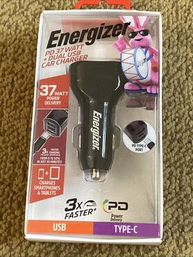 Energizer 847181067053 Type-c Dual Usb Car Charger 37 Watt Power Delivery Free Shipping