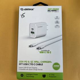 Esoulk 703557155888 New Dual Port Qc 3.0 And Pd 20w Wall Charger With 5ft Usb-c To C Cable