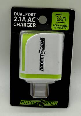 Gadget Gear 794080224585 Dual Port 2.1a Ac Charger For Phones And Tablets White Green New