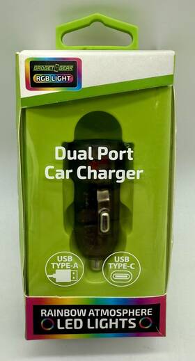 Gadget Gear 794080238780 Dual Port Usb And Usb-c Car Charger With Rainbow Led Lights 38w