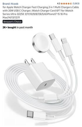 X004bpc6kd Hcoob 3 In 1 Fast Charge Usb-c Cable 6ft For Iphone And Apple Watch