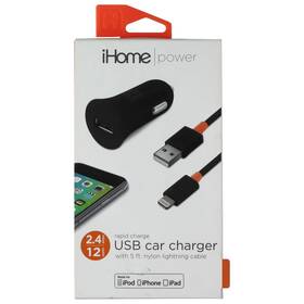 Ih-ct1203b Ihome Power 12w Usb Car Charger With 5ft 8-pin Cable - Black / Orange