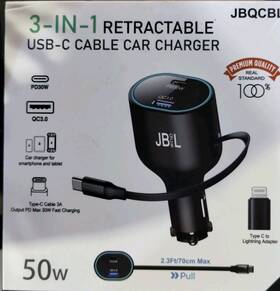 Jbl 602835163907 Retractable Car Charger 3 In 1 Fast Phone 50 W Usb Type C Cable