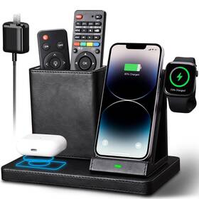 Kf-ls116 Kingfom Wireless Charging Station Pu Leather 4 In 1 Use Black