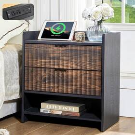 Legacyamerhome 787659622806 Farmhouse Black Nightstand With Charging Station Fluted Bedroom Night Stand