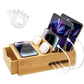 Xbx09 Leokkarr Bamboo Charging Station For Multiple Devices Desktop Wood Charger Organizer