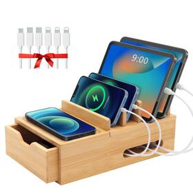 Zcdz-005 Leokkarr Bamboo Charging Station For Multiple Devices Desk Organizer With Dr