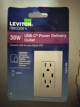 T5635-bw Leviton Decora 30w Usb Outlet Type-c With Power Delivery Pd - White