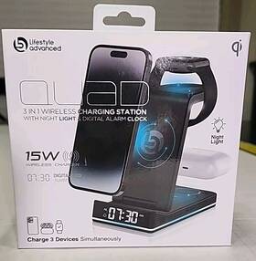 Lifestyle Advanced 049008346277 3 In 1 Wireless Charging Station Night Light And Digital Alarm