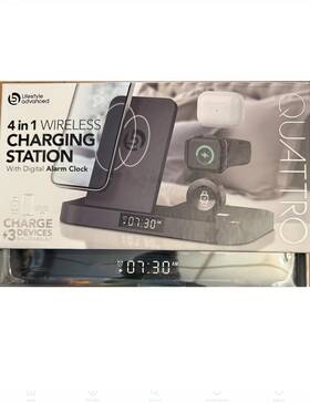 Lifestyle Advanced 049008349674 Nib 4in 1 Wireless Charging Station Digital Alarm Clock