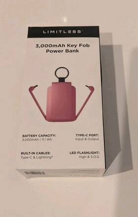 Limitless 810173090230 Key Fob Power Bank Pink 3 000 Mah With Type C And Apple Cable Nib