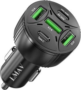 2c-3a-75w Lmav Usb C Car Charger Adapter 5 Ports 75w Pd 3.0 Phone Black/1pack
