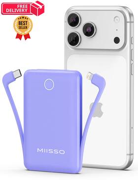 Miisso 768399334563 10000mah Mini Portable Charger With Built In Cable Pocket Size Purple