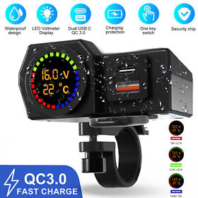 Motorcycle Dual Usb Fast Charger Adapter Socket Power Led Voltmeter Waterproof