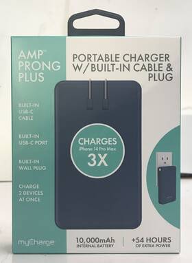 89089879 Mycharge Amp Prong Plus 10000mah Portable Charger With Built-in Cable/plug - Tcccx