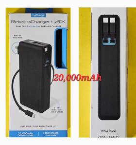 Rd20kf-a Mycharge Retractacharger 20000mah Portable Charger With Retractable Usb-c Cable