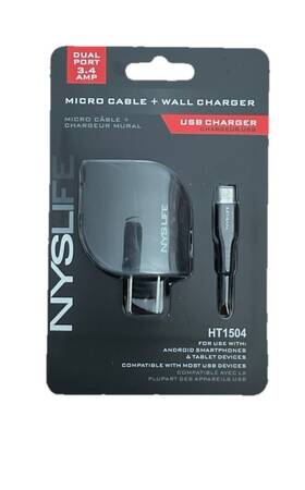Ht1504 Nyslife Duel Port 3.4 Amp Micro Cable And Wall Usb Charger Nyslife. Ht1504. Black New