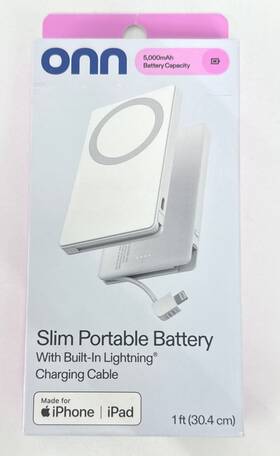 Onn 194346391059 5 000 Mah Portable Power Bank With Built In Lightning Cable Mfi Certified
