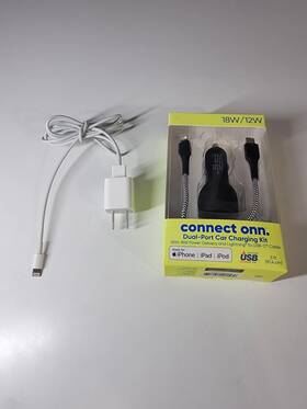 Onn 681131291521 Set For Iphone Dual-port Car Charging Kit With Cable 2.4 Amps Charger