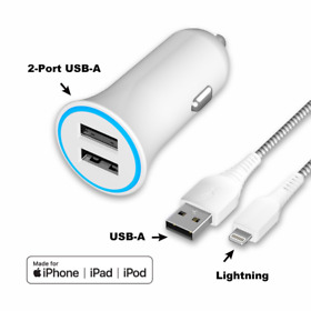 Onn. Dual-port Car Charging Kit With Lightning To Usb Cable White