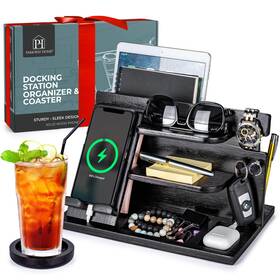 Parkway Home 195893780136 Black Wood Phone Docking Station - Charging Organizer Stand Bed