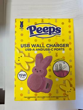 Peeps 810159394079 Usb Wall Charger Pink Bunny Dual Usb-a And Usb-c 15w Fast Charging Plug