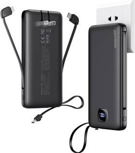 Tw1006-b Penaover Portable Charger With Built-in Cables&ac Wall Plug Slim 10000mah Black